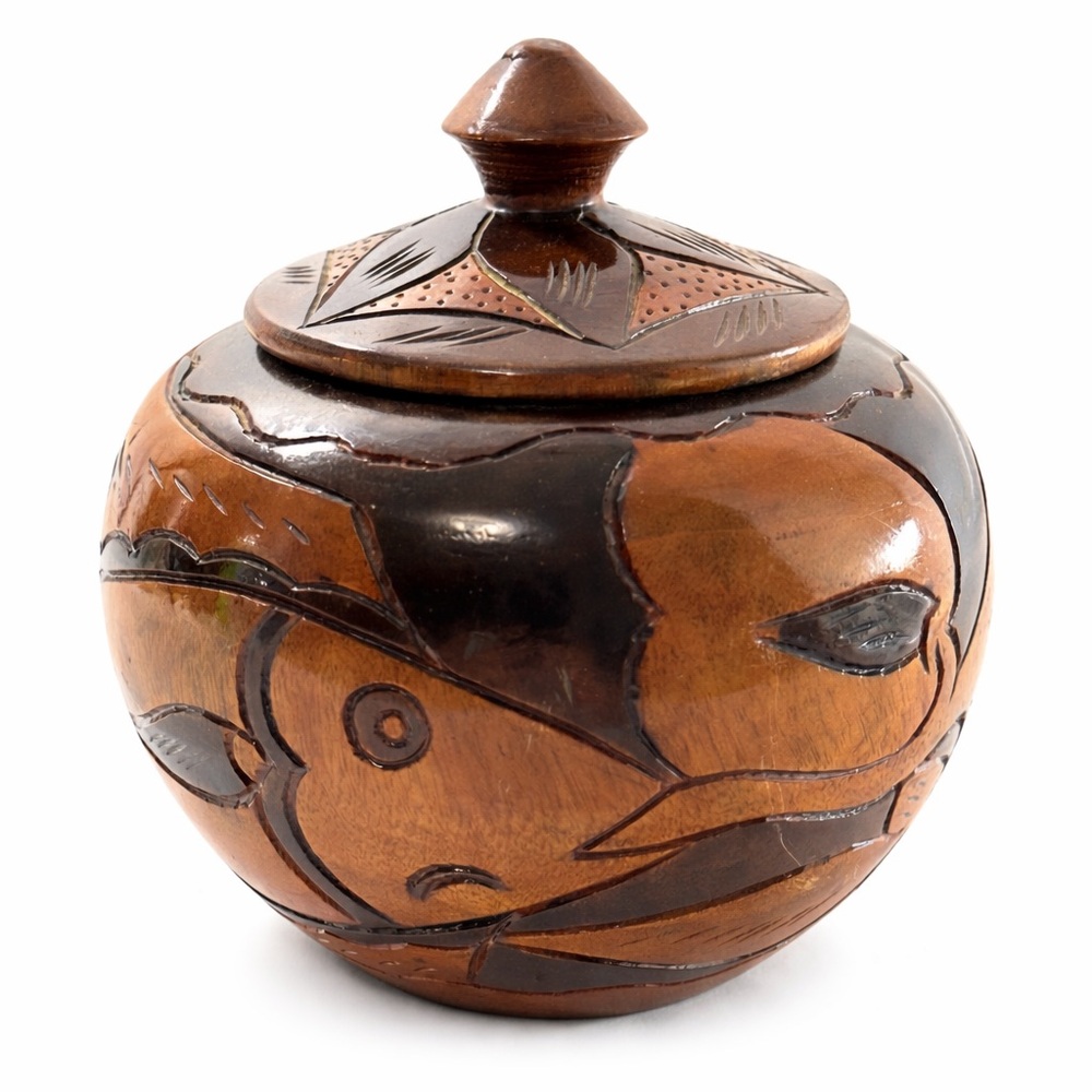 Hand Carved Teak Wood Lidded Jar Indonesian Folk Art Animal Motif Trinket Box 5” - Picture 3 of 9